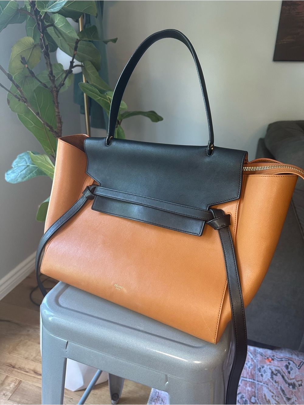 Celine Large Two-Tone Tan and Black Belt Bag